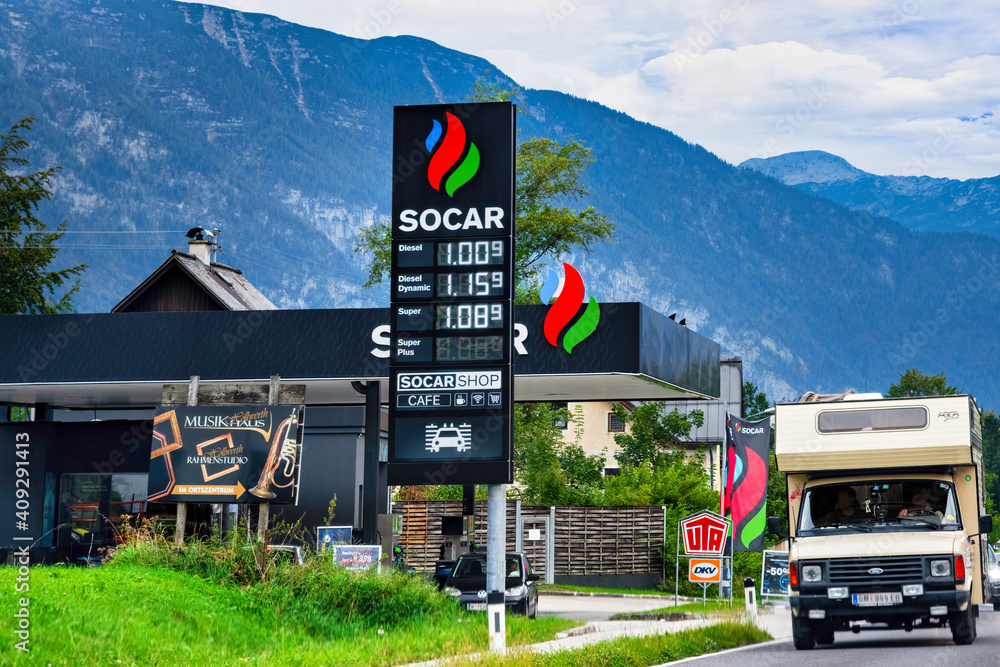 Logo sign of Socar gas station in Austria foto de Stock Adobe Stock