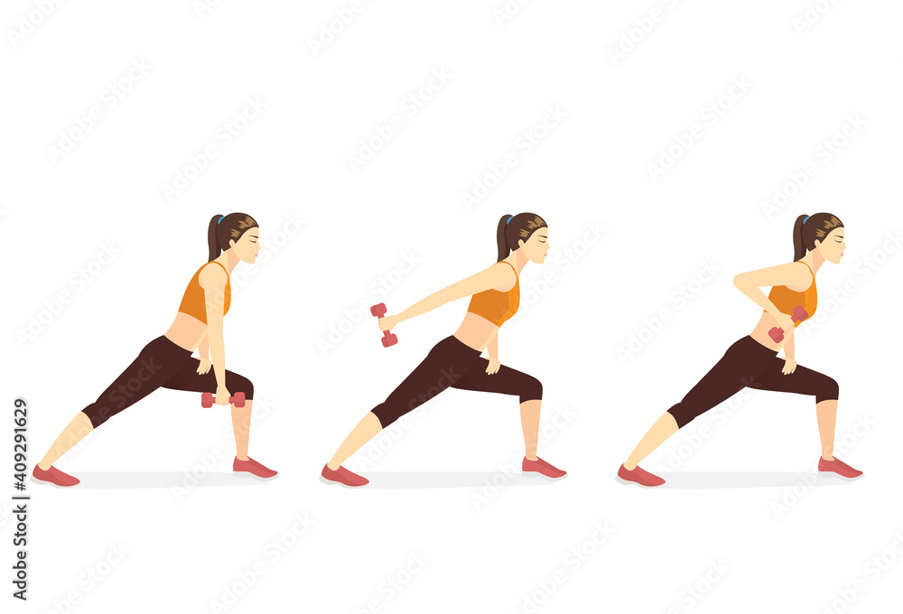 Women doing Dumbbell exercise with Single Arm Row Tricep Kickback posture in 3 steps. Cartoon illustration about workout diagram for Metabolism and firming.