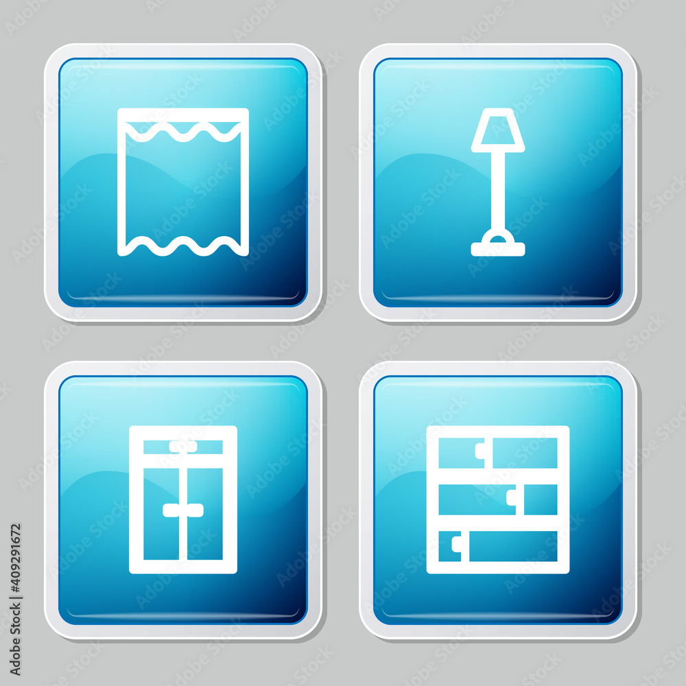 Set line Curtains, Floor lamp, Wardrobe and Shelf icon. Vector. Set line Curtains, Floor lamp, Wardrobe and Shelf icon. Vector.