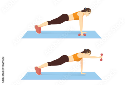 Woman doing Exercise with dumbbell Plank Front Raise posture on mat for reduce Abdominal and arm. Cartoon Illustration about workout diagram.