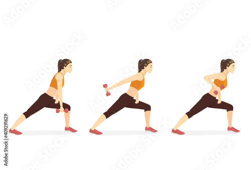 Women doing Dumbbell exercise with Single Arm Row Tricep Kickback posture in 3 steps. Cartoon illustration about workout diagram for Metabolism and firming.