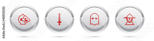 Set line Medieval iron helmet, sword, Executioner mask and . Silver circle button. Vector.