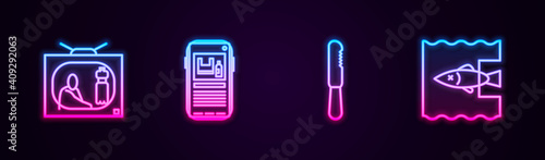 Set line Stop plastic pollution, , Disposable knife and ocean. Glowing neon icon. Vector.