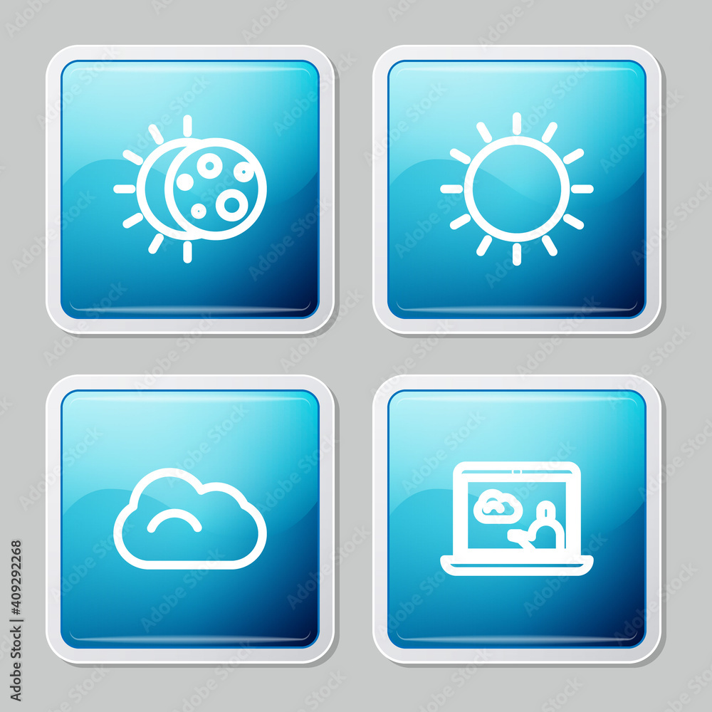 Set line Eclipse of the sun, Sun, Cloud and Weather forecast icon. Vector. Set line Eclipse of the sun, Sun, Cloud and Weather forecast icon. Vector.