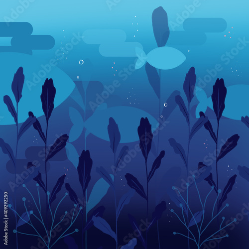 Fototapeta Naklejka Na Ścianę i Meble -  Blue ocean with fish silhouettes and seaweed 