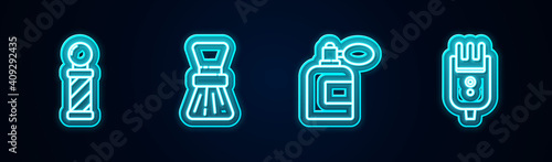Set line Classic Barber shop pole, Shaving brush, Aftershave bottle with atomizer and Electrical hair clipper or shaver. Glowing neon icon. Vector.