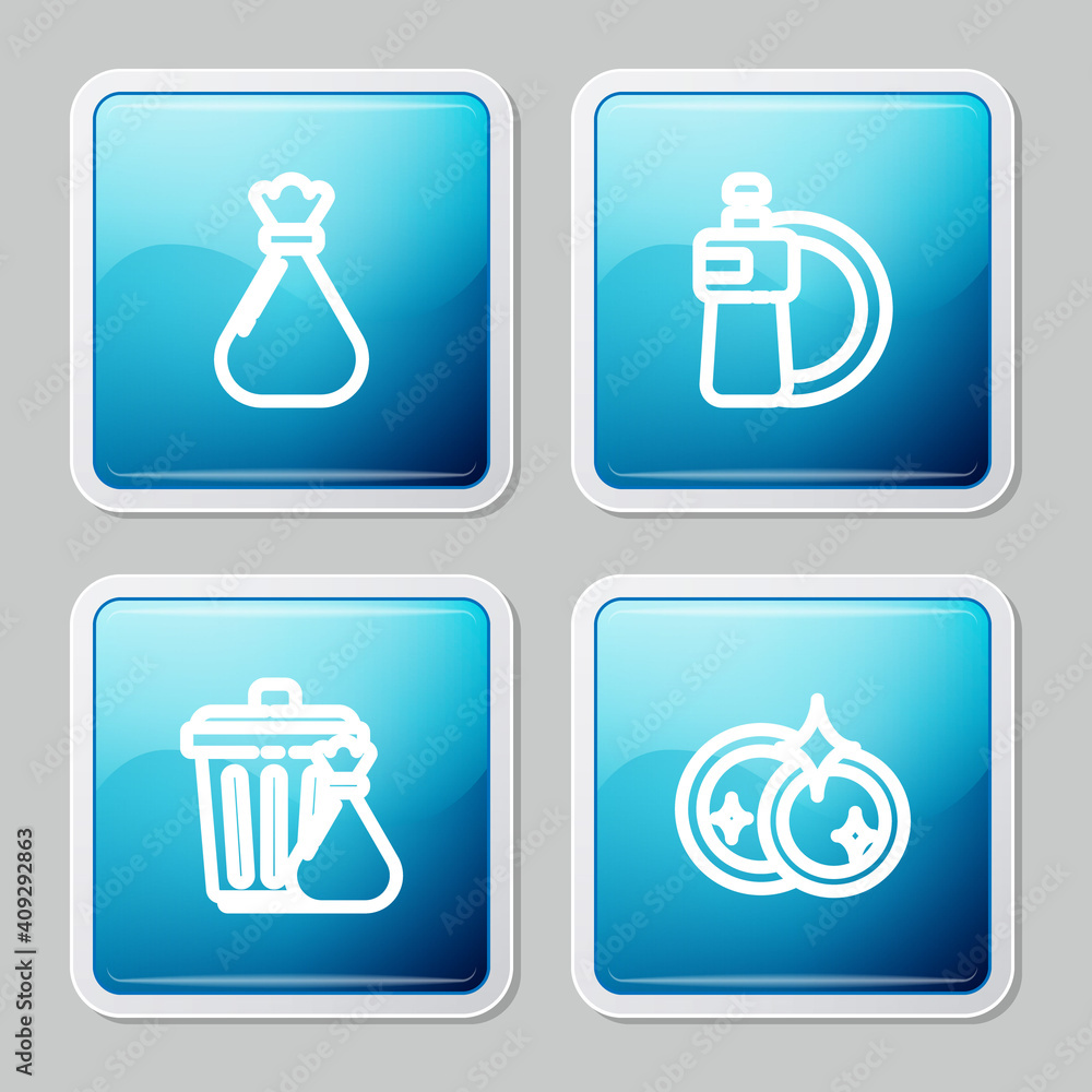 Set line Garbage bag, Dishwashing liquid bottle and plate, Trash can garbage and Washing dishes icon. Vector. Set line Garbage bag, Dishwashing liquid bottle and plate, Trash can garbage and Washing dishes icon. Vector.