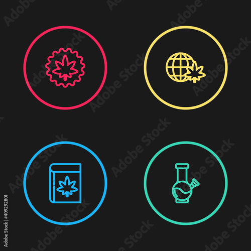 Set line Book and marijuana or cannabis, Glass bong for smoking, Legalize globe and Marijuana leaf icon. Vector.
