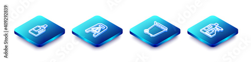 Set Isometric line Fabric softener, Wet floor and cleaning in progress, Trash can and Bottles for agent icon. Vector.