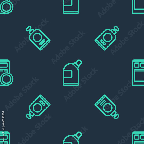 Set line Bottles for cleaning agent, Hand sanitizer bottle and Kitchen dishwasher machine on seamless pattern. Vector.