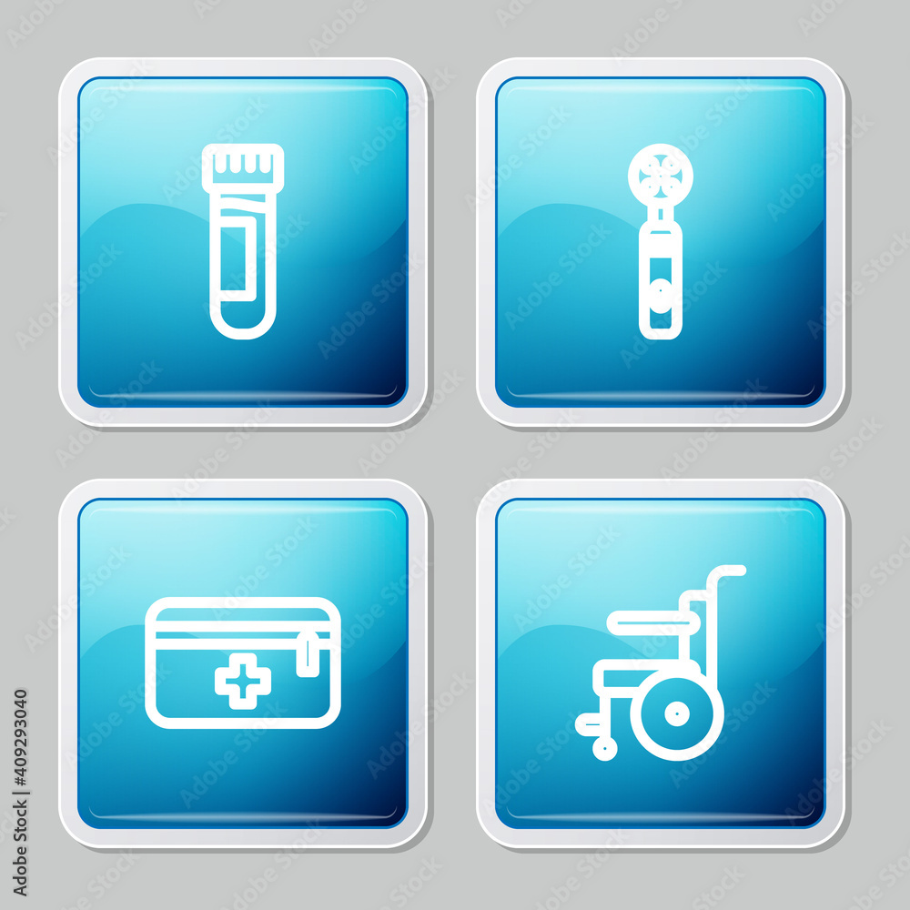 Set line Test tube with blood, Electric toothbrush, First aid kit and Wheelchair for disabled person icon. Vector. Set line Test tube with blood, Electric toothbrush, First aid kit and Wheelchair for disabled person icon. Vector.