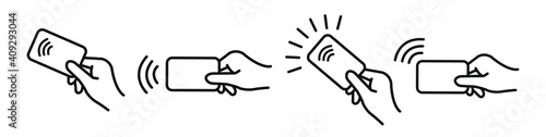 Contactless payment, credit card and hand tap pay wave logo. Vector wireless NFC and contactless pay pass icon set. Vector illustration.