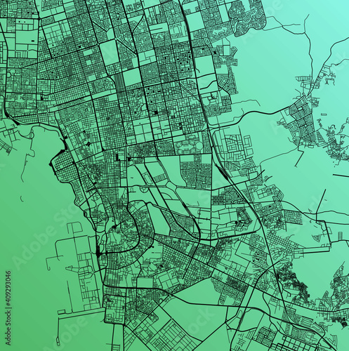 Jeddah, Makkah, Saudi Arabia (SAU) - Urban vector megacity map with parks, rail and roads, highways, minimalist town plan design poster, city center, downtown, transit network, gradient blueprint