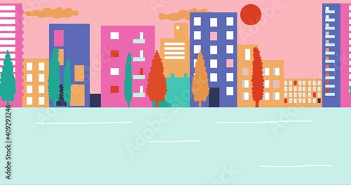 Empty streets in city during summer sunset. Outbreak Coronavirus in city. Cartoon background. Flat design