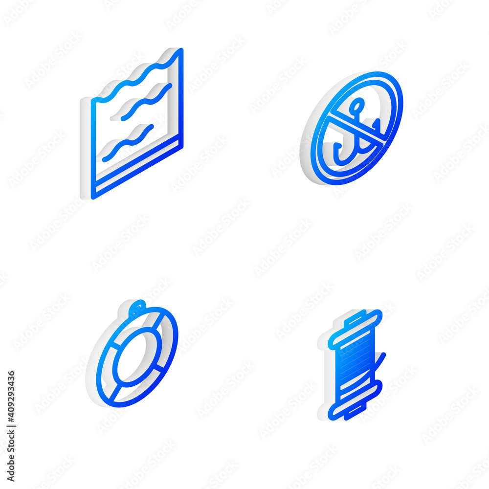 Set Isometric line No fishing, Aquarium, Lifebuoy and Spinning reel for icon. Vector. Set Isometric line No fishing, Aquarium, Lifebuoy and Spinning reel for icon. Vector.