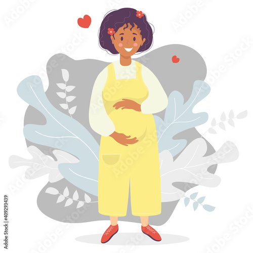 Motherhood. Happy dark-skinned pregnant woman in yellow overalls pants hugs her belly with her hands. Vector illustration. Flat design characters on decorative background of tropical leaves and hearts