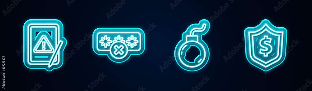 Set line Tablet with exclamation mark, Password protection, Bomb ready to explode and Shield dollar. Glowing neon icon. Vector. Set line Tablet with exclamation mark, Password protection, Bomb ready to explode and Shield dollar. Glowing neon icon. Vector.