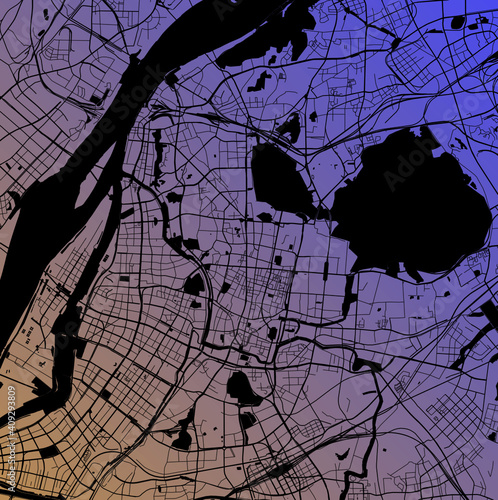 Nanjing, Jiangsu, China (CHN) - Urban vector megacity map with parks, rail and roads, highways, minimalist town plan design poster, city center, downtown, transit network, gradient blueprint