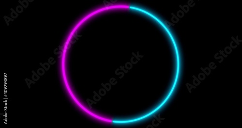 Neon Circle background with LED frame screens. Fluorescent abstract blue, purple color. . 3D illustration