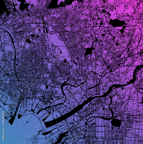 Osaka, Japan (JPN) - Urban vector megacity map with parks, rail and roads, highways, minimalist town plan design poster, city center, downtown, transit network, gradient blueprint