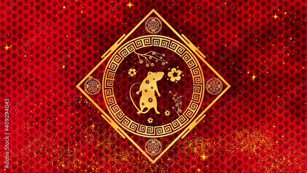 Red Chinese New Year background with gold, rat, fireworks, glittering stars 3D rendering . Magical Happy new year animation.