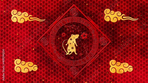 Red Chinese New Year background with gold, rat, fireworks, 3D rendering. Magical Happy new year animation.