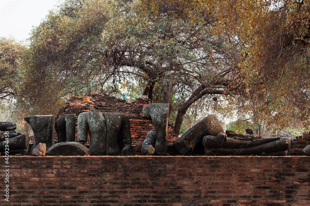 Fototapeta premium ruined Buddha Images in world heritage site Ayuthaya