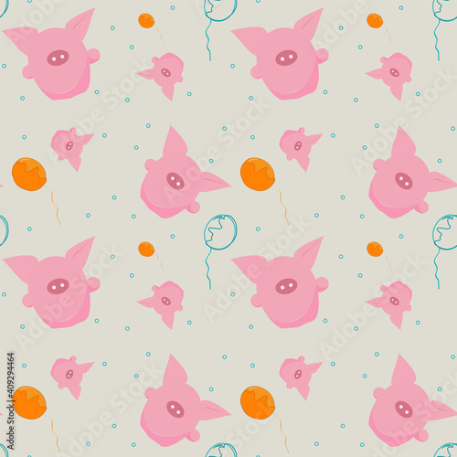 Pig pattern. Illustration of pink pigs with balloons. Pattern for decorating gift paper, fabric, tableware or room.
