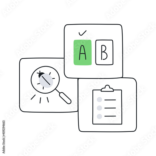 Split QA Testing, AB testing, looking for bugs, backlog management. Three cartoon outline vector on white.