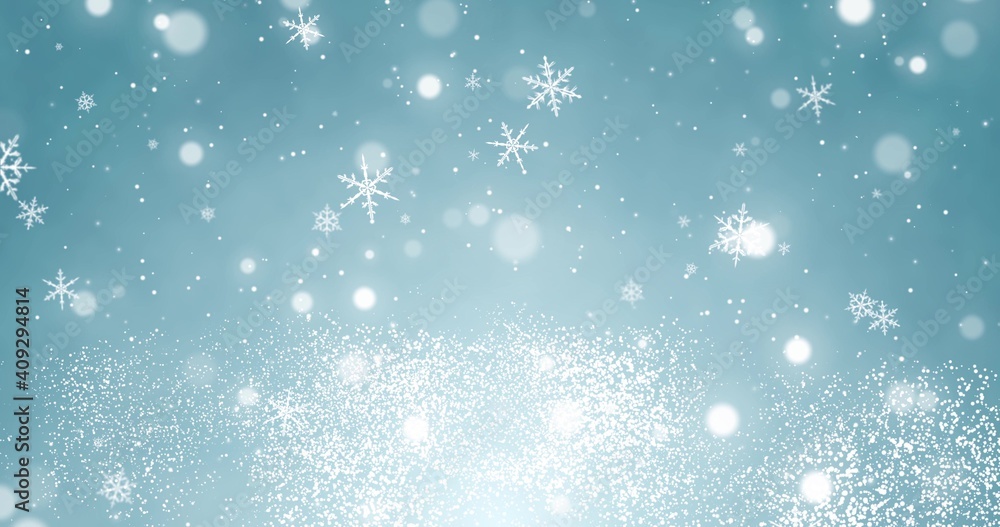 Snowflakes and bokeh lights on the blue Merry Christmas background. 3D rendering 3D illustration