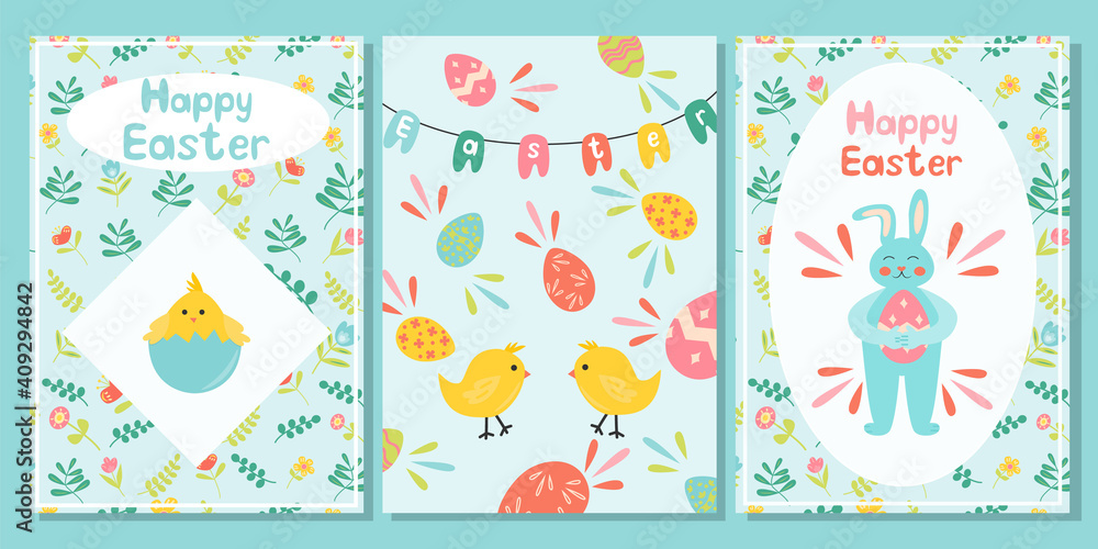 Set of greeting card for Easter. Banners with rabbit or easter bunny, chicken and floral pattern . Flat illustration