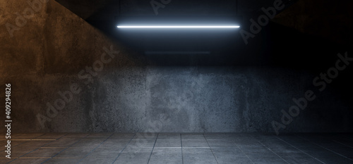 Fototapeta Naklejka Na Ścianę i Meble -  Modern Simple Underground Realistic Light Glowing On Cement Concrete Dark Room Hangar Parking Car Showroom Tiled Floor Background 3D Rendering