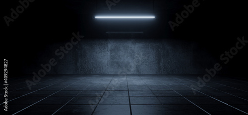 Fototapeta Naklejka Na Ścianę i Meble -  Modern Simple Underground Realistic Light Glowing On Cement Concrete Dark Room Hangar Parking Car Showroom Tiled Floor Background 3D Rendering
