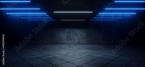 Sci Fi Futuristic Neon Blue Lasers Glowing Modern Simple Underground Realistic Light Glowing On Cement Concrete Dark Room Hangar Parking Car Showroom Tiled Floor Background 3D Rendering