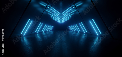 Fototapeta Naklejka Na Ścianę i Meble -  Cyber Triangle Neon Laser Glowing Dark Sci Fi Futuristic Led Blue Lights Tunnel Corridor Cement Concrete Spaceship Parking Underground Background Warehouse 3D Rendering
