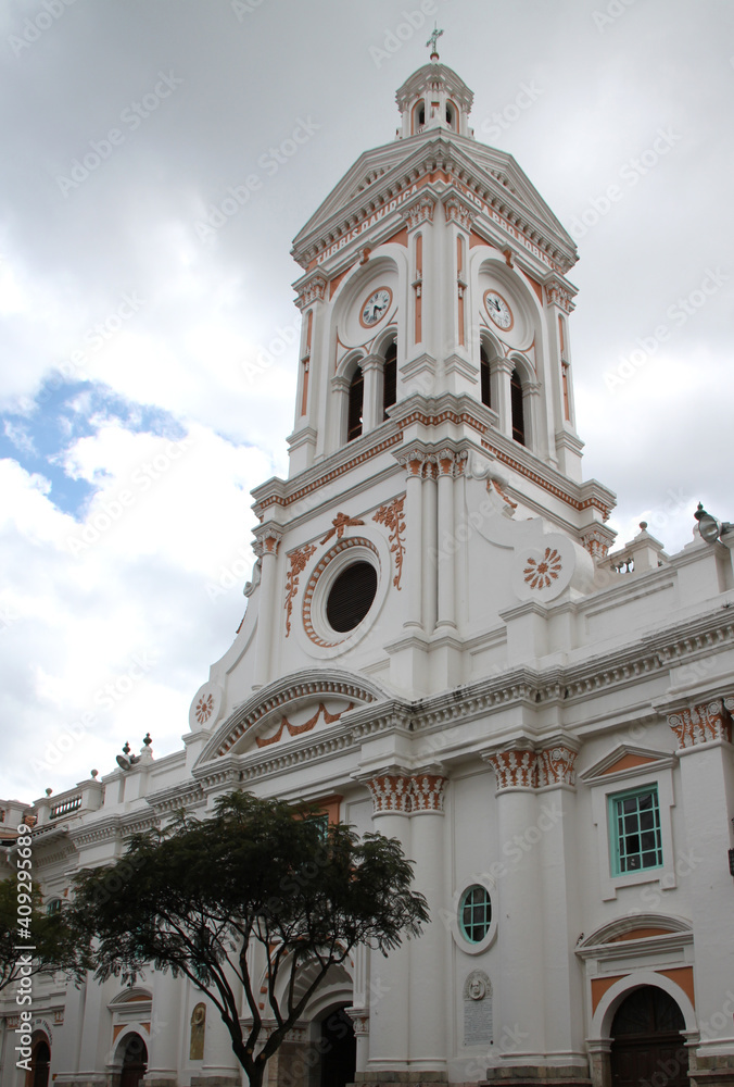The bell tower of the San Francisco church in Cuenca, Ecuador The bell tower of the San Francisco church in Cuenca, Ecuador
