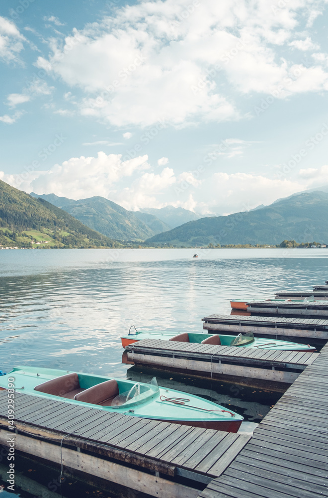 Boat pier on a beautiful mountain lake in Austria. Zell am see.