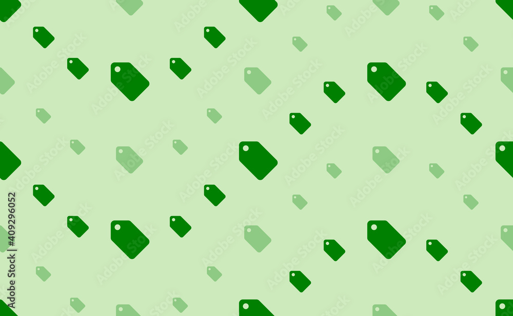 Seamless pattern of large and small green discount label symbols. The elements are arranged in a wavy. Vector illustration on light green background