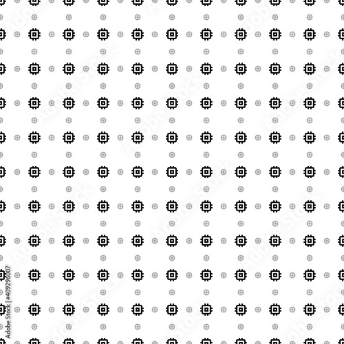 Square seamless background pattern from black chip symbols are different sizes and opacity. The pattern is evenly filled. Vector illustration on white background