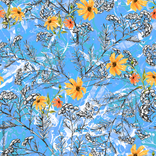 Seamless watercolor pattern with a floral pattern of leaves, berries, plants.Yellow,orange calendula flower, sunflower. Floral watercolor background with branches, berries, calendula.Tansy, immortelle