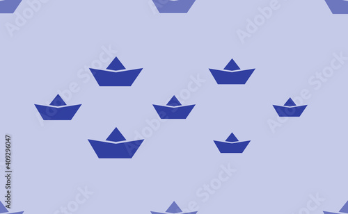 Seamless pattern of large isolated blue paper boat symbols. The pattern is divided by a line of elements of lighter tones. Vector illustration on light blue background