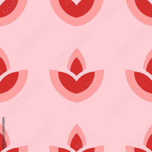 Seamless pattern of large isolated red water lily symbols. The elements are evenly spaced. Vector illustration on light red background