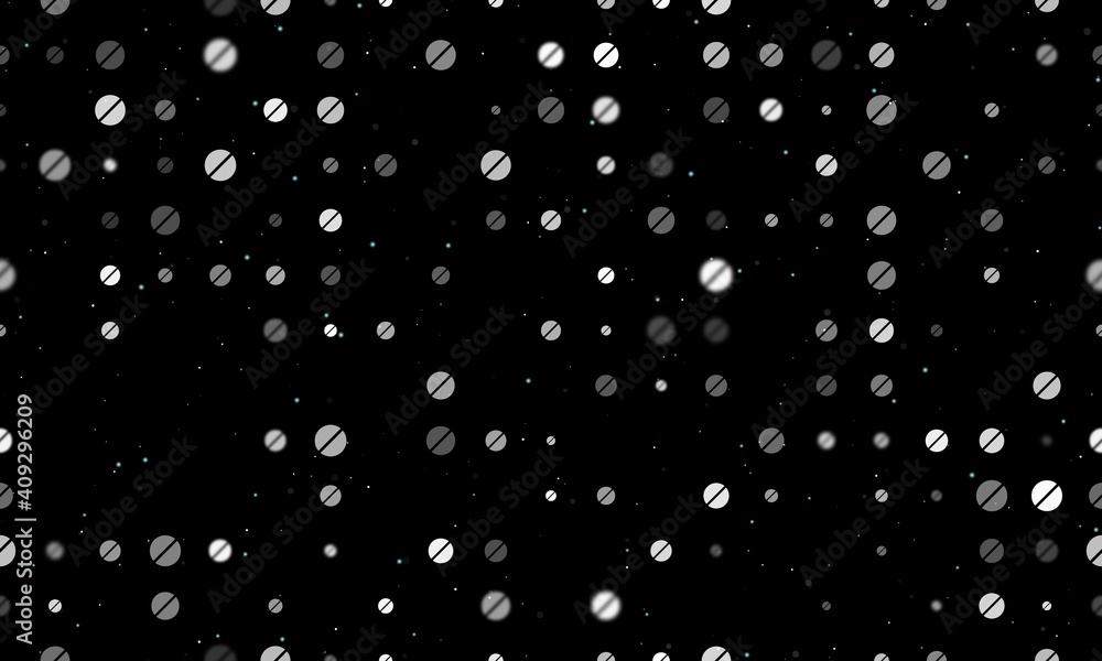 Seamless background pattern of evenly spaced white pill symbols of different sizes and opacity. Vector illustration on black background with stars Seamless background pattern of evenly spaced white pill symbols of different sizes and opacity. Vector illustration on black background with stars