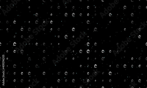 Seamless background pattern of evenly spaced white lary symbols of different sizes and opacity. Vector illustration on black background with stars