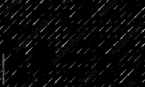 Seamless background pattern of evenly spaced white sword symbols of different sizes and opacity. Vector illustration on black background with stars