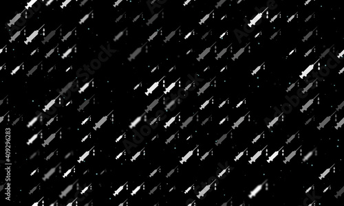 Seamless background pattern of evenly spaced white syringe symbols of different sizes and opacity. Vector illustration on black background with stars