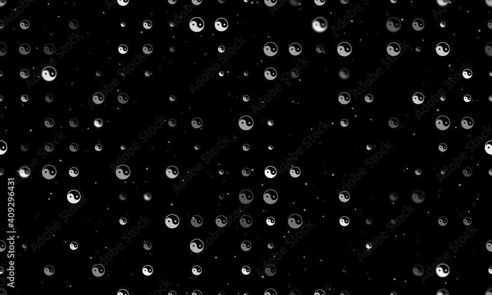 Seamless background pattern of evenly spaced white yin yang symbols of different sizes and opacity. Vector illustration on black background with stars Seamless background pattern of evenly spaced white yin yang symbols of different sizes and opacity. Vector illustration on black background with stars