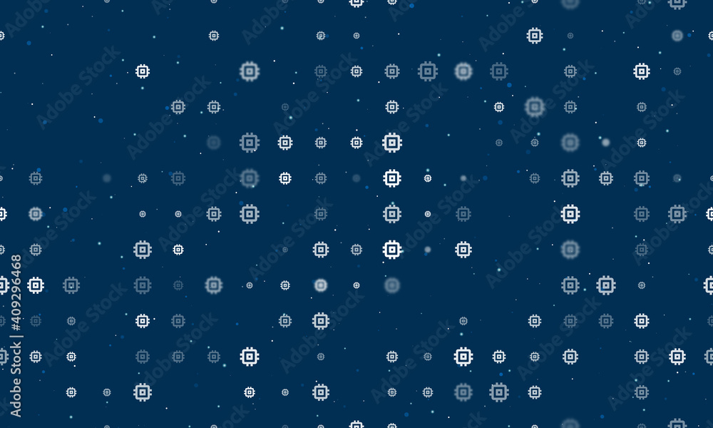 Seamless background pattern of evenly spaced white chip symbols of different sizes and opacity. Vector illustration on dark blue background with stars