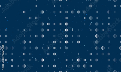 Seamless background pattern of evenly spaced white chip symbols of different sizes and opacity. Vector illustration on dark blue background with stars