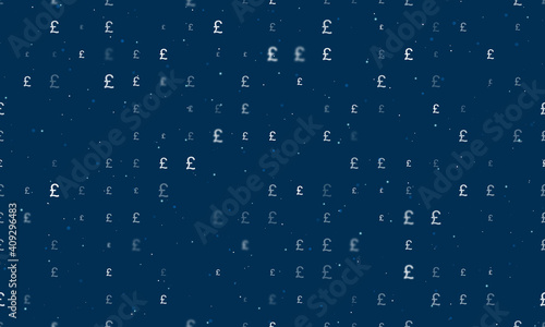 Seamless background pattern of evenly spaced white pound symbols of different sizes and opacity. Vector illustration on dark blue background with stars